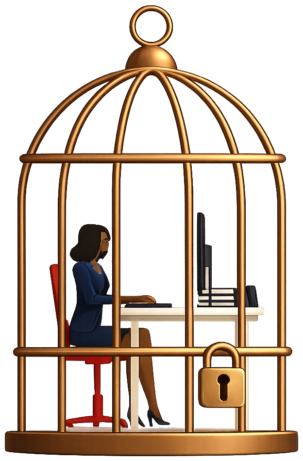 Bronze cage with a founder working at a desk inside
