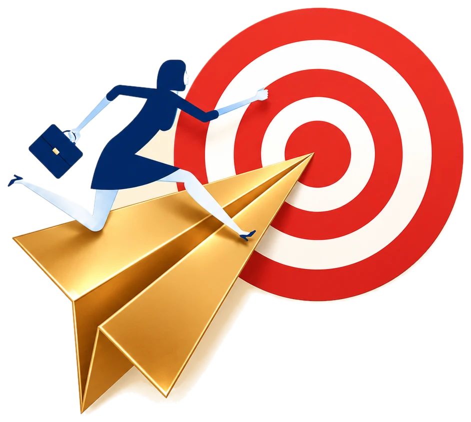 A businesswoman riding a gold paper plane toward the center of a target